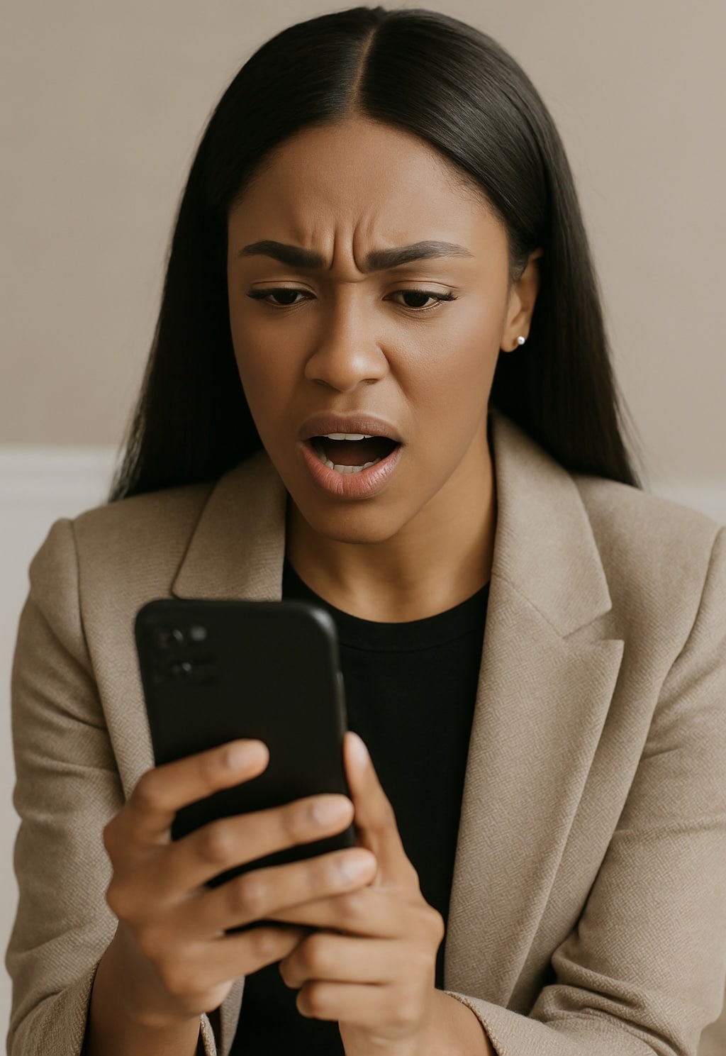 Young celebrity woman looking stressed while checking her phone