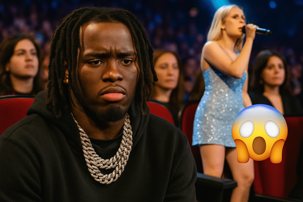 AI-generated image featuring Charli XCX, Doechii, and Kai Cenat in viral 2025 moments with shocked emoji overlay, created for FameFortuneBuzz.com