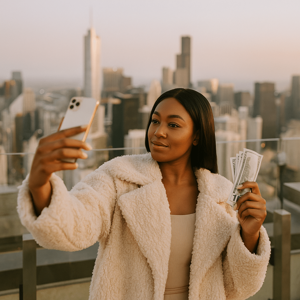 Stylish influencer posing with luxury product on rooftop at sunset