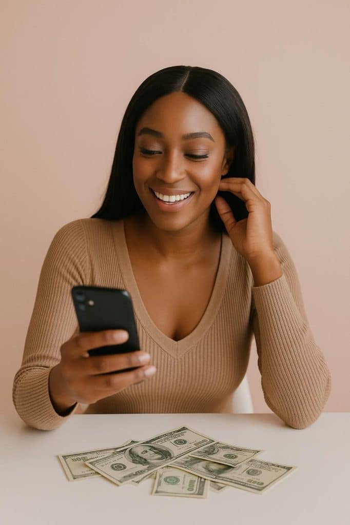 Smiling woman looking at her phone with dollar bills on the table, representing influencer earnings from social media.