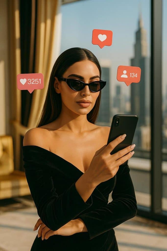 Smiling woman looking at her phone with dollar bills on the table, representing influencer earnings from social media.