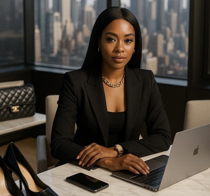 A high-res digital image of a stylish woman in a modern workspace, representing strength, ambition, and success after personal drama.