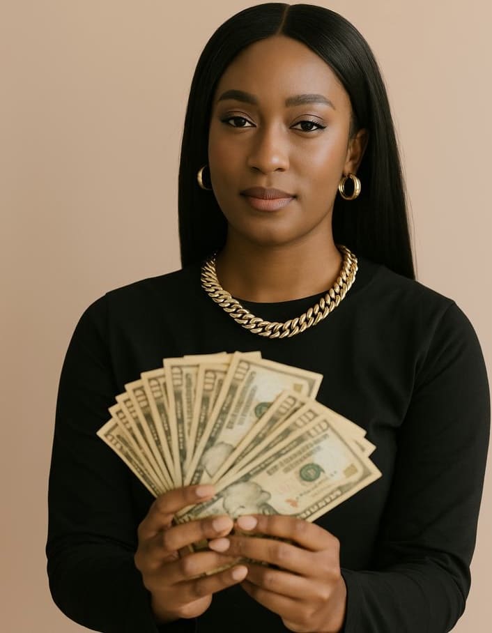 A high-res digital image of a stylish woman in a modern workspace, representing strength, ambition, and success after personal drama.