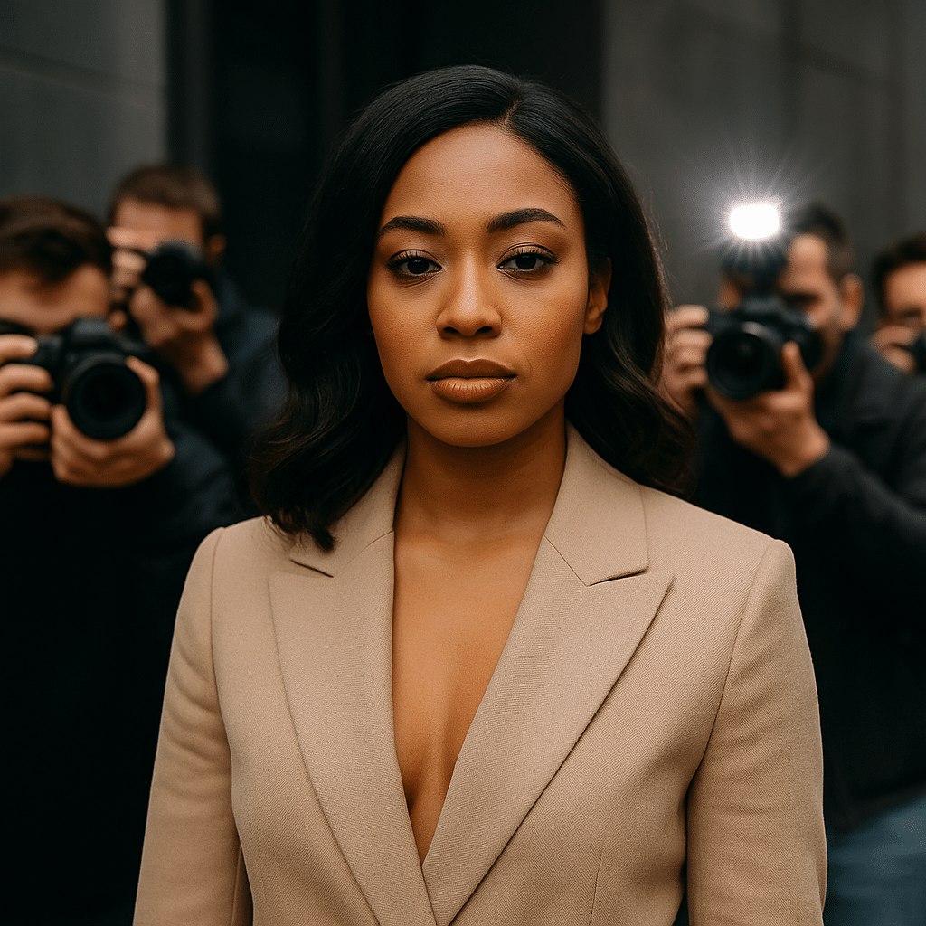 Glamorous celebrity facing paparazzi with floating social media icons, symbolizing media buzz and controversy.
