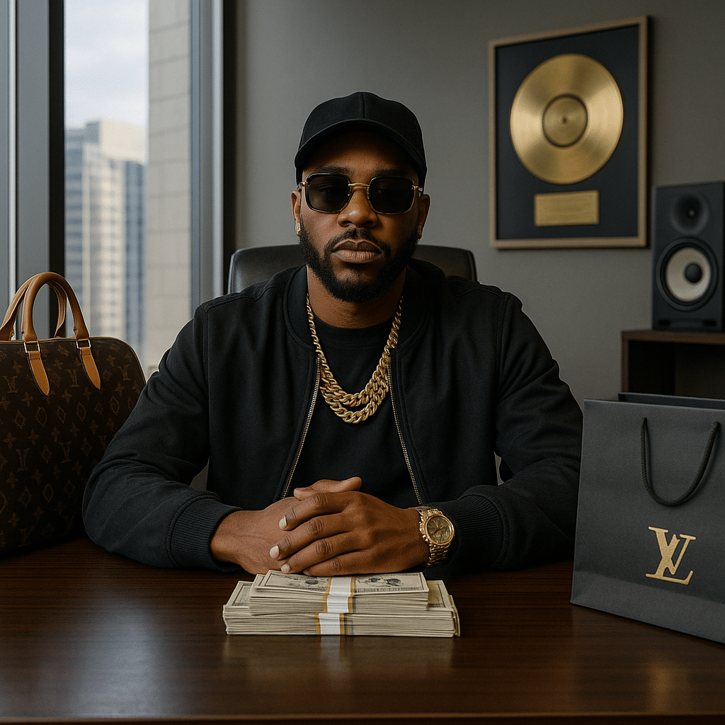 Stylish rapper-entrepreneur in a luxury office with money and business documents