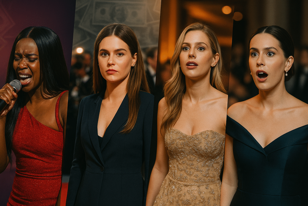 Composite image of four well-dressed young women reacting at a live award show — one singing, others in gowns and formal outfits — created for FameFortuneBuzz.com