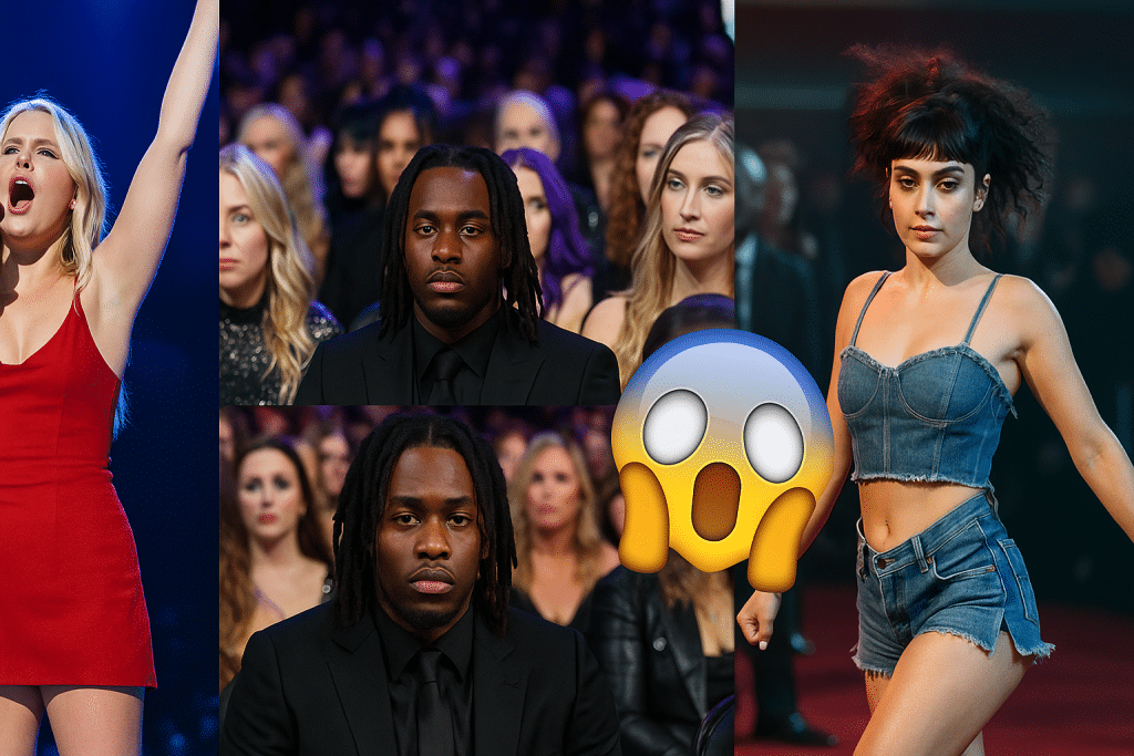 AI-generated image showing Reneé Rapp on stage, Kai Cenat’s reaction, and Charli XCX’s viral performance outfit, designed for FameFortuneBuzz.com.