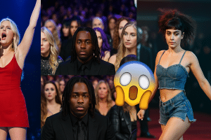 AI-generated image showing Reneé Rapp on stage, Kai Cenat’s reaction, and Charli XCX’s viral performance outfit, designed for FameFortuneBuzz.com.
