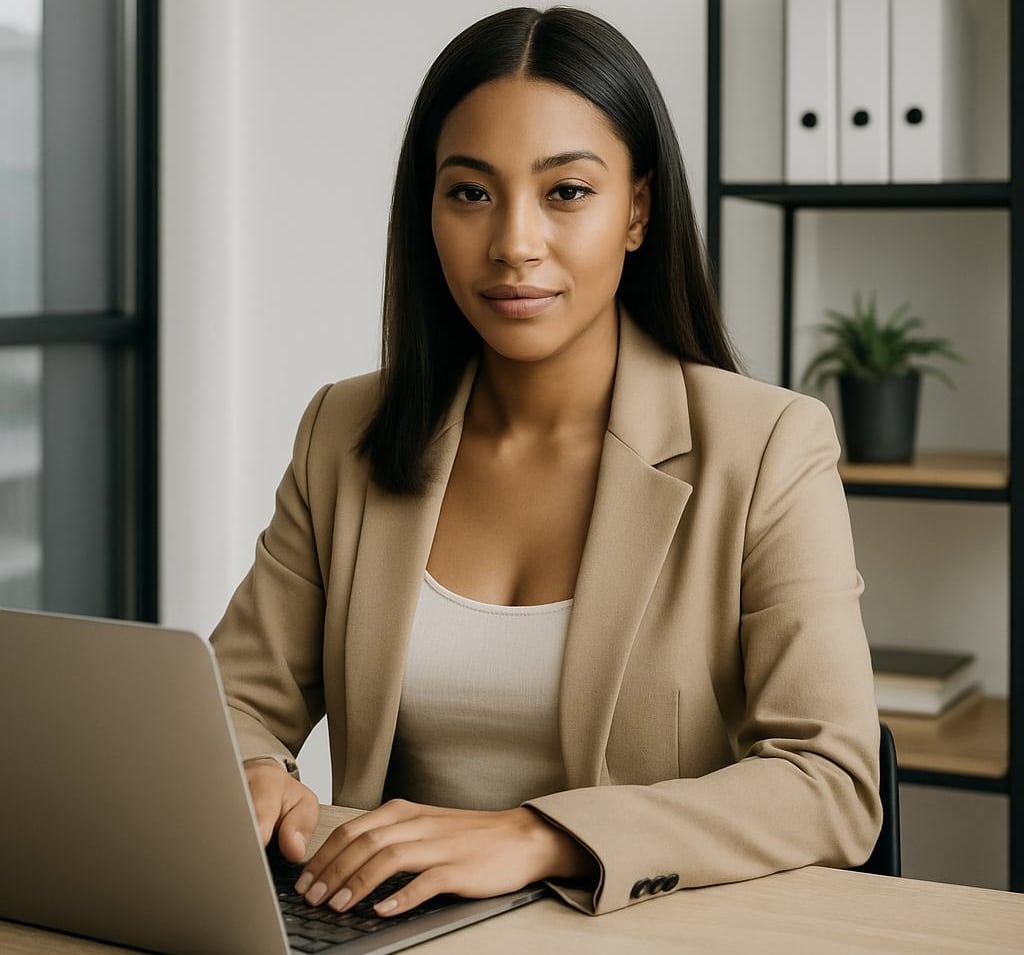Young female entrepreneur working at a modern desk with laptop and coffee