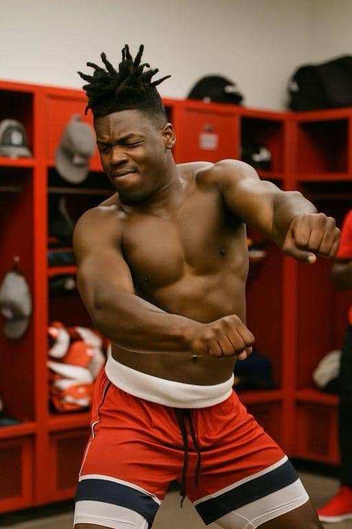 Athlete dancing in locker room with red shorts and dreadlocks