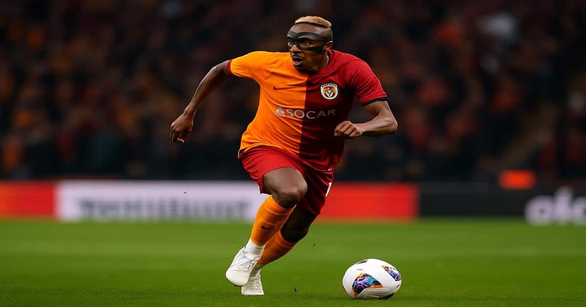Professional footballer in a red and yellow Galatasaray jersey wearing a black face mask during a match