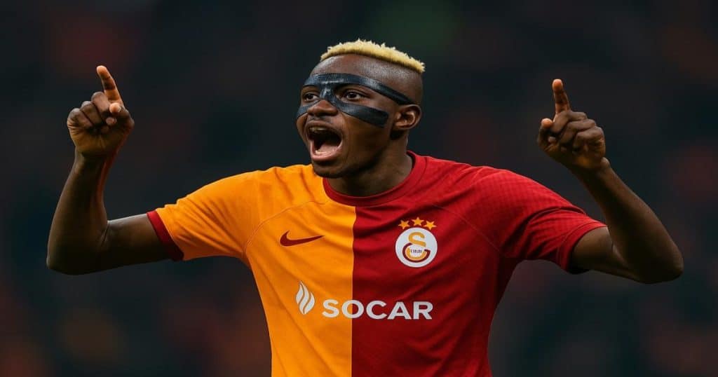 Professional footballer in a red and yellow Galatasaray jersey wearing a black face mask during a match